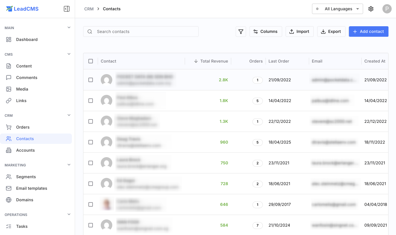 LeadCMS CRM - manage contacts, track orders and revenue